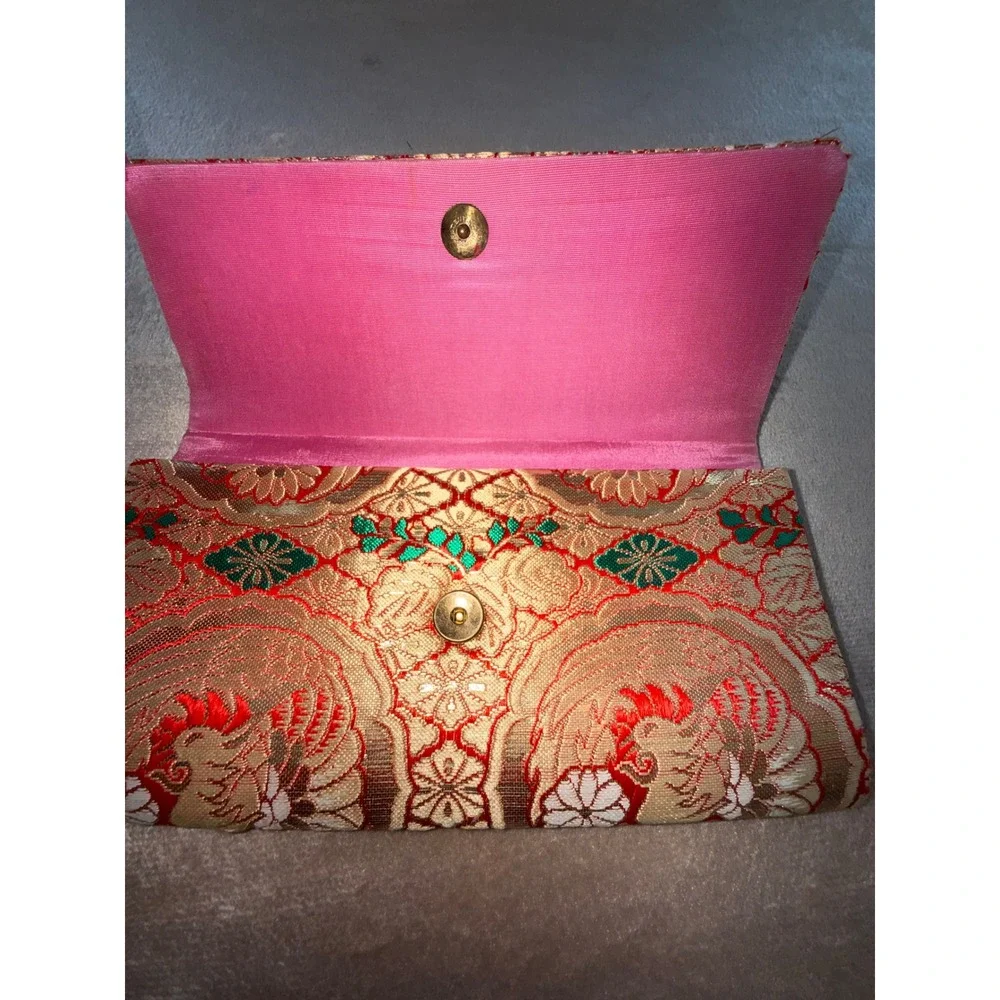 Vintage Japanese woven silk Brocade Clutch Bag Gold Red Floral Evening Purse